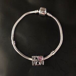 Silver and Pink Heart Mom Bracelet